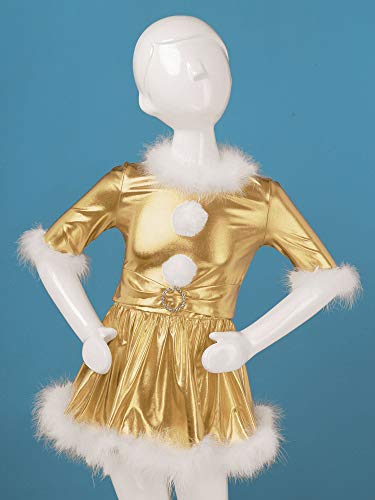 IEFIEL Niña Vestido de Fiesta Navidad Disfraz de Papá Noel Vestido de Danza Ballet Manga Larga para Niña Maillot Brillante de Gimnasia Rítmica Dorado 5-6 años