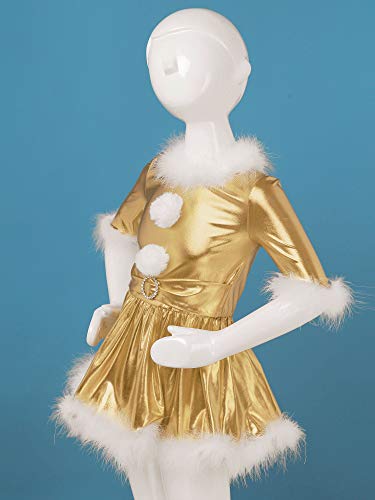 IEFIEL Niña Vestido de Fiesta Navidad Disfraz de Papá Noel Vestido de Danza Ballet Manga Larga para Niña Maillot Brillante de Gimnasia Rítmica Dorado 5-6 años