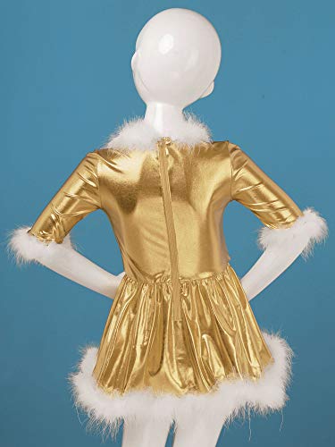 IEFIEL Niña Vestido de Fiesta Navidad Disfraz de Papá Noel Vestido de Danza Ballet Manga Larga para Niña Maillot Brillante de Gimnasia Rítmica Dorado 5-6 años