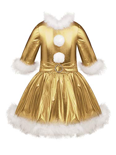 IEFIEL Niña Vestido de Fiesta Navidad Disfraz de Papá Noel Vestido de Danza Ballet Manga Larga para Niña Maillot Brillante de Gimnasia Rítmica Dorado 5-6 años