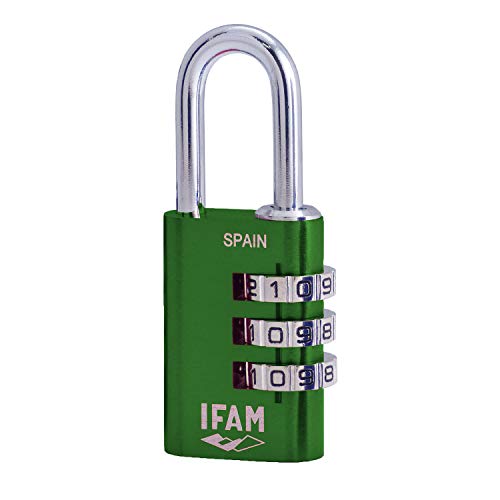 IFAM Col Combi20 (000612V) – Candado de combinación, 20 mm, color verde, 3 rodillos (1.000 combinaciones), cuerpo aluminio, arco diámetro 3mm, candado para maleta, viaje, gimnasio, taquilla, colegio