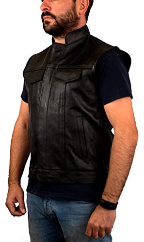 Iguana Custom Chaleco SOA de cuero negro de estilo motero fabricado en autentica Piel perfecto para parches de clubs o free biker, como el que usan en Sons of Anarchy (M)
