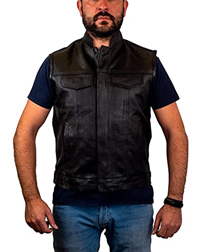 Iguana Custom Chaleco SOA de cuero negro de estilo motero fabricado en autentica Piel perfecto para parches de clubs o free biker, como el que usan en Sons of Anarchy (M)