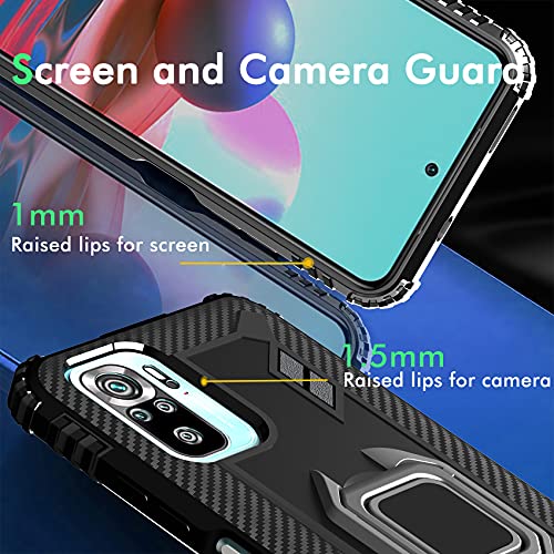 IMBZBK Funda para Xiaomi Redmi Note 10 4G/ Note 10S Carcasa + [2 Pack] Protector Pantalla Cristal Templado, [Soporte Giratorio de 360 Grados con Anillo de Dedo][Grado Militar Anti-Golpe] - Negro