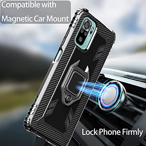 IMBZBK Funda para Xiaomi Redmi Note 10 4G/ Note 10S Carcasa + [2 Pack] Protector Pantalla Cristal Templado, [Soporte Giratorio de 360 Grados con Anillo de Dedo][Grado Militar Anti-Golpe] - Negro