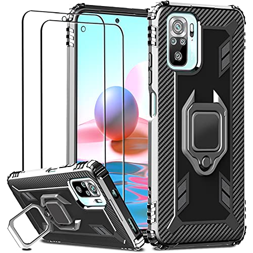 IMBZBK Funda para Xiaomi Redmi Note 10 4G/ Note 10S Carcasa + [2 Pack] Protector Pantalla Cristal Templado, [Soporte Giratorio de 360 Grados con Anillo de Dedo][Grado Militar Anti-Golpe] - Negro