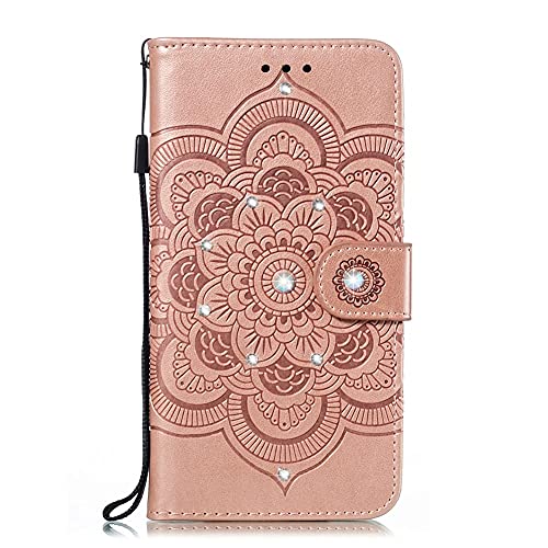 IMEIKONST Compatible con Samsung Galaxy A32 5G Diamond Case PU Cuero Flip Wallet con ranuras para tarjetas Soporte magnético Funda de protección para Galaxy A32 5G Crystal Mandala Oro Rosa LDZ