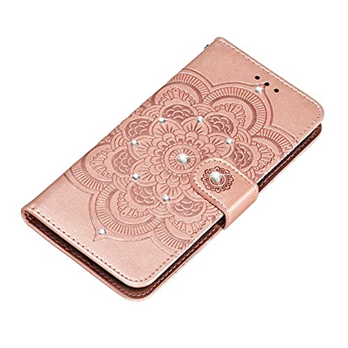 IMEIKONST Compatible con Samsung Galaxy A32 5G Diamond Case PU Cuero Flip Wallet con ranuras para tarjetas Soporte magnético Funda de protección para Galaxy A32 5G Crystal Mandala Oro Rosa LDZ