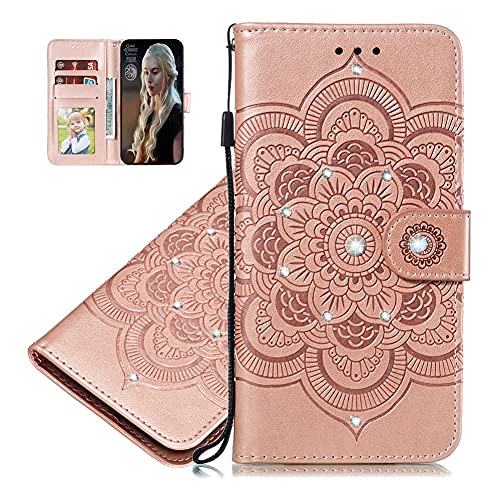 IMEIKONST Compatible con Samsung Galaxy A32 5G Diamond Case PU Cuero Flip Wallet con ranuras para tarjetas Soporte magnético Funda de protección para Galaxy A32 5G Crystal Mandala Oro Rosa LDZ