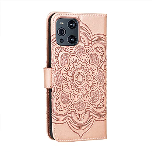 IMEIKONST Funda para OPPO Find X3 Pro, Premium Cuero Estampado Magnetic Billetera Carcasa Vuelta Tapa Ranura Tarjeta Antichoque Protección Cubierta para OPPO Find X3. Mandala Rose Gold LD