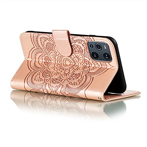 IMEIKONST Funda para OPPO Find X3 Pro, Premium Cuero Estampado Magnetic Billetera Carcasa Vuelta Tapa Ranura Tarjeta Antichoque Protección Cubierta para OPPO Find X3. Mandala Rose Gold LD