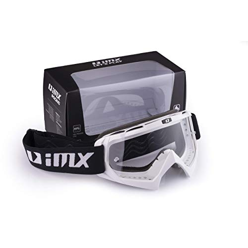 iMX Gafas Mud Lente transparente Correa con estampado de silicona Espuma de tres capas Incluye una lente Motocross Enduro Mtb Downhill Freeride, One Size, Blanco