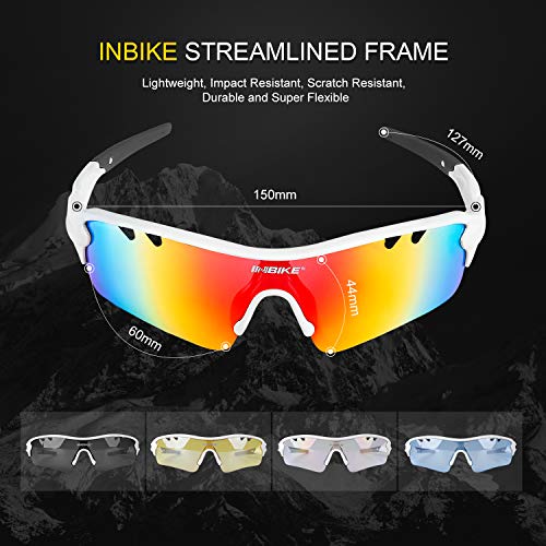 Inbike Gafas de Sol Polarizadas Para Ciclismo con 5 Lentes Intercambiables Uv400 y Montura de Tr-90, Gafas Para Mtb Bicicleta Montaña 100% de Protección Uv(Blanco)