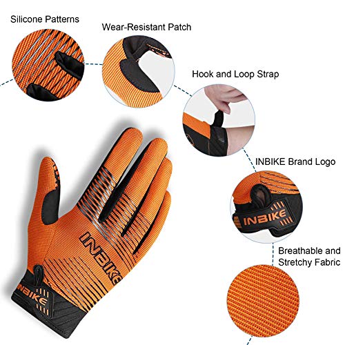 INBIKE Guantes de Ciclismo MTB Dedo Largo Transpirable Pantalla Táctil Antideslizante Amortiguación y para Ciclismo de Montaña Descenso Hombres Damas(Naranja,L)