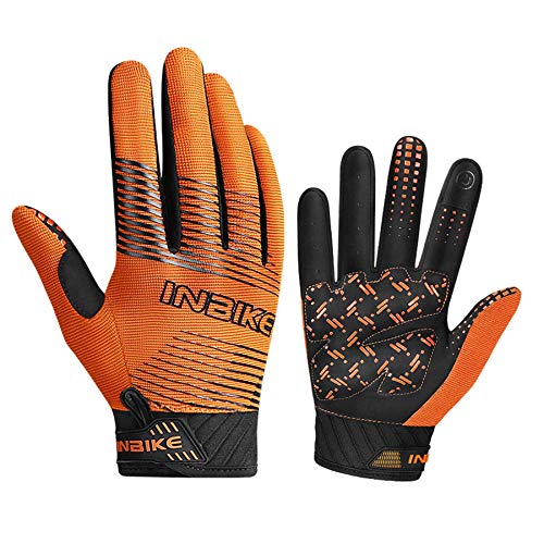 INBIKE Guantes de Ciclismo MTB Dedo Largo Transpirable Pantalla Táctil Antideslizante Amortiguación y para Ciclismo de Montaña Descenso Hombres Damas(Naranja,L)