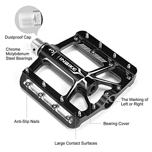 INBIKE Pedales Antideslizante De MTB Bicicleta, Pedales Plataforma De Aluminio con Rodamiento 9/16 para Bicicleta De Montaña Bicicleta De Carretera(Negro)