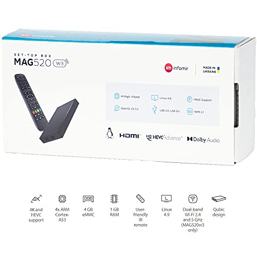 INFOMIR Original MAG520w3 Wİ-Fİ / 4K UHD IPTV Box / Internet TV / 2160p 60 FPS Reproductor Multimedia IPTV Receptor Set Top Box / Apoyo HEVC H.256 / Quad Core Arm Cortex-A53 / + Cable HDMI