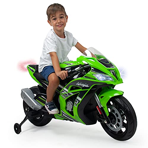 INJUSA – Moto Ninja Kawasaki ZX10 a 12V con Acelerador en Puño, Entrada para Mp3 y Ruedas Estabilizadoras Recomendada a Niños +3 Años