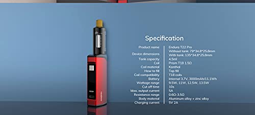 Innokin Endura T22 Pro Kit 3000mAh mod de caja con T22 Pro 4.5ml Tank & T18 Coil 1.5ohm Cigarrillo electrónico USB-C Vape (Matte Black)