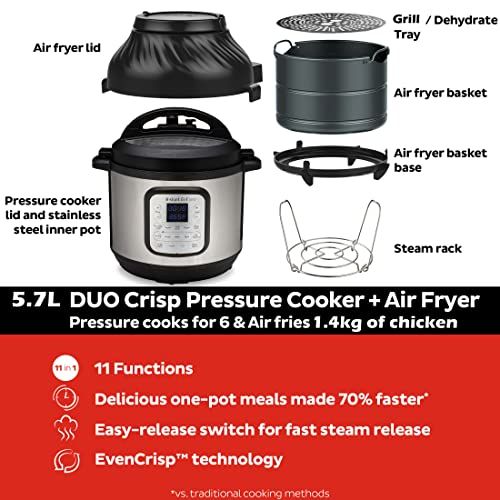 Instant Pot Duo Crisp + Air Fryer 5.7L Multicooker 11 en 1 Cocina a presión, saltea, cocina al vapor, cocina a fuego lento, sousvides, calienta, fríe al aire, asa, hornea, asa y deshidrata.