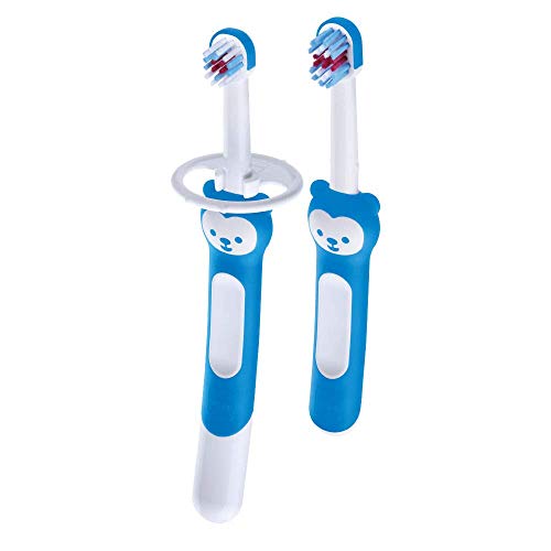 Intrucciones en lengua extranjera - Mam Learn to Brush Set de cepillos de dientes para niños de mango largo, cepillo de dientes para aprender la higiene oral en autonomía, 5 + meses, azul – 60 g