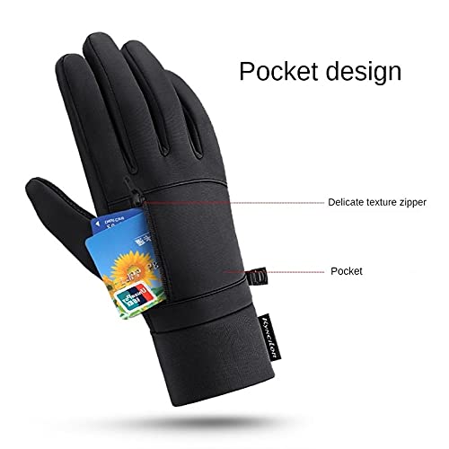 Invierno Hombres Mujeres Esquí Guantes de Nieve Guantes de Ciclismo Impermeables Guantes de Lana térmica cálidos de Dedo Completo con Bolsillo pequeño con Cremallera -Black-3-M