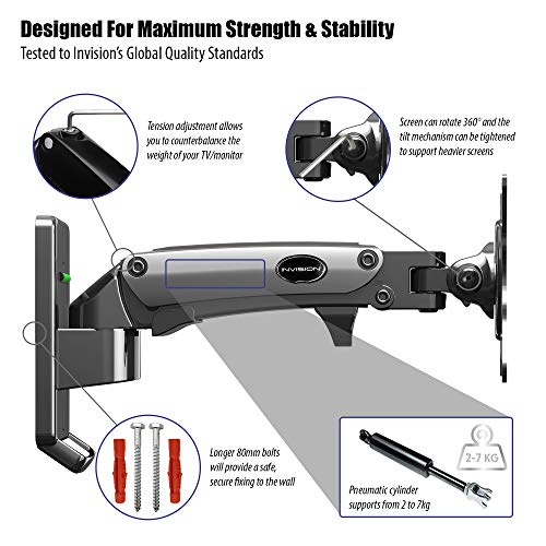 Invision 17-27 Pulgadas Soporte Monitor Pared y Soporte TV, VESA 75x75mm y 100x100mm con Brazo de Resorte de Gas, Altura Ergonómica Ajustable, Inclinación y Giro. Capacidad de Carga 2-7kg