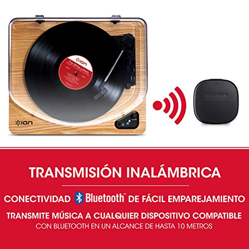 ION Audio Air LP Wood - Tocadiscos de vinilo Bluetooth - reproducción inalámbrica y conversión de discos de 3 velocidades - 33 1/3, 45 y 78 RPM, Acabado Madera
