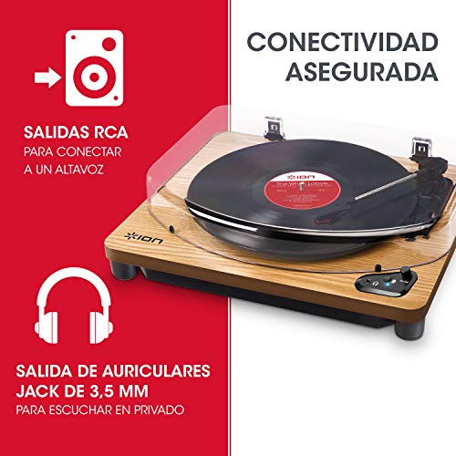 ION Audio Air LP Wood - Tocadiscos de vinilo Bluetooth - reproducción inalámbrica y conversión de discos de 3 velocidades - 33 1/3, 45 y 78 RPM, Acabado Madera