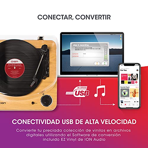 ION Audio Max LP - Tocadiscos de vinilo de 3 Velocidades con Altavoces estéreo, Salidas Auriculares y RCA, Salida USB para Convertir Discos de Vinilo a Archivos Digitales, Acabado en Madera