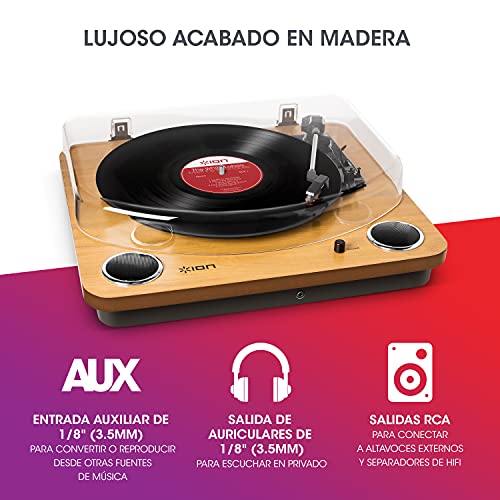 ION Audio Max LP - Tocadiscos de vinilo de 3 Velocidades con Altavoces estéreo, Salidas Auriculares y RCA, Salida USB para Convertir Discos de Vinilo a Archivos Digitales, Acabado en Madera