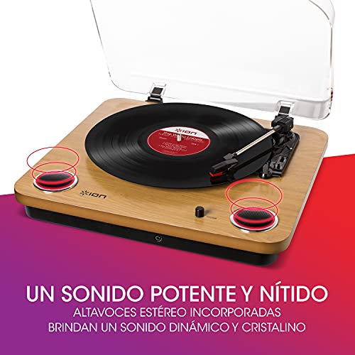 ION Audio Max LP - Tocadiscos de vinilo de 3 Velocidades con Altavoces estéreo, Salidas Auriculares y RCA, Salida USB para Convertir Discos de Vinilo a Archivos Digitales, Acabado en Madera