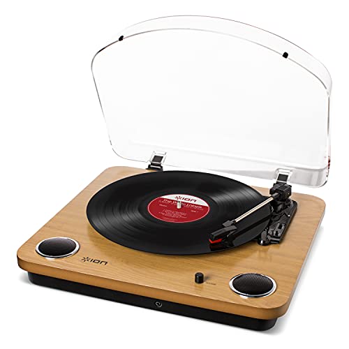 ION Audio Max LP - Tocadiscos de vinilo de 3 Velocidades con Altavoces estéreo, Salidas Auriculares y RCA, Salida USB para Convertir Discos de Vinilo a Archivos Digitales, Acabado en Madera