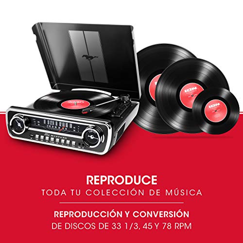 ION Audio Mustang LP - Centro de Música 4-en-1 con Diseño de Radio de Coche Clásico, con Giradiscos, Radio, USB y Entradas Auxiliares, color Negro