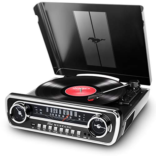 ION Audio Mustang LP - Centro de Música 4-en-1 con Diseño de Radio de Coche Clásico, con Giradiscos, Radio, USB y Entradas Auxiliares, color Negro