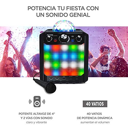 ION Audio Party Rocker Express - Altavoz Bluetooth 40W para Fiestas y Karaoke, con Micrófono y Centro de Karaoke con Pantalla de Luz de Fiesta en formato Domo, Rejilla de Luz LED y Batería Recargable