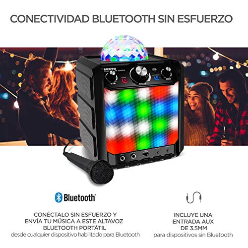 ION Audio Party Rocker Express - Altavoz Bluetooth 40W para Fiestas y Karaoke, con Micrófono y Centro de Karaoke con Pantalla de Luz de Fiesta en formato Domo, Rejilla de Luz LED y Batería Recargable