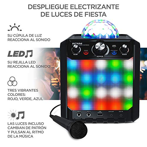 ION Audio Party Rocker Express - Altavoz Bluetooth 40W para Fiestas y Karaoke, con Micrófono y Centro de Karaoke con Pantalla de Luz de Fiesta en formato Domo, Rejilla de Luz LED y Batería Recargable