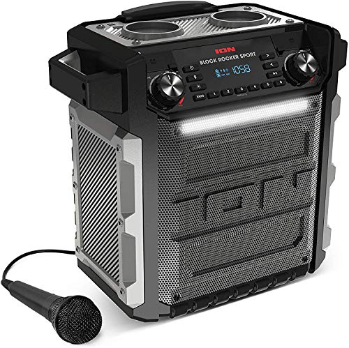 ION Block Rocker Sport Black - Altavoz Impermeable Ultra-Portátil de 100 Vatios con Batería Recargable de Larga Duración, Bluetooth, Micrófono, Radio Am/FM, Barra de Luces y Entrada Auxiliar