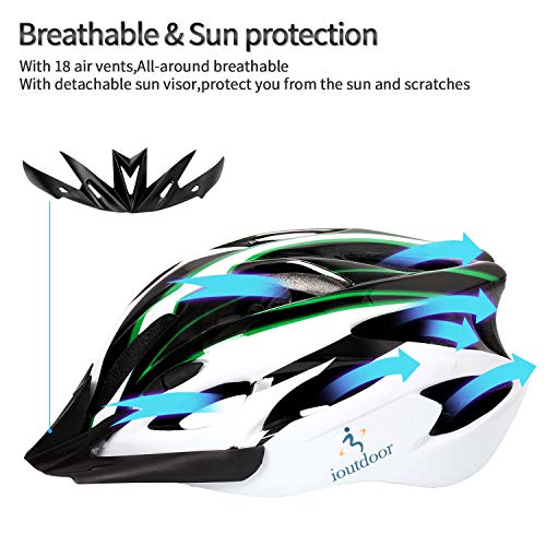 ioutdoor Casco de bicicleta de 56 a 64 cm con visera [Auriculares deportivos, 18 ventilaciones] Para Unisex Adultos [Verde blanco - Grande]