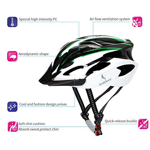 ioutdoor Casco de bicicleta de 56 a 64 cm con visera [Auriculares deportivos, 18 ventilaciones] Para Unisex Adultos [Verde blanco - Grande]