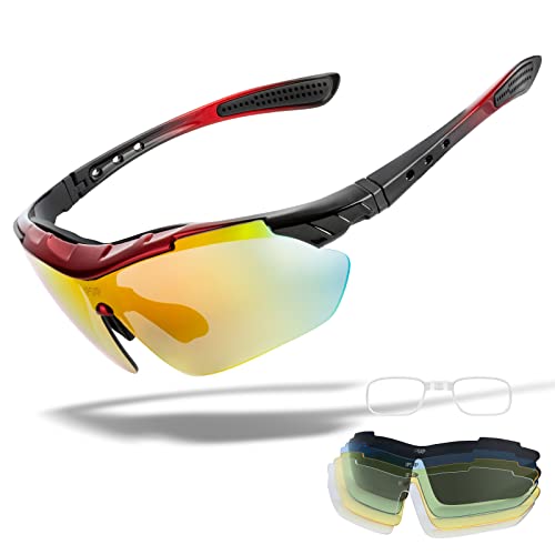 IPSXP Gafas de Sol Deportivas polarizadas 5 Lentes Intercambiables, Gafas de Ciclismo para Hombres y Mujeres, Carrera de béisbol, Escalada, Golf(Rojo&Negro)