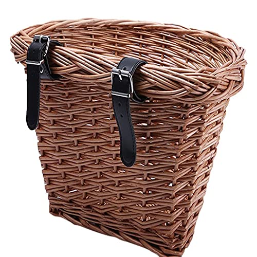 Irtyif 1 Pieza Cesta de Bicicleta, 23 x 18 x 15 cm Cesta de Bicicleta de Mimbre con Correas de Cuero, Cesta Delantera de Bicicleta para Bicicletas para niños Bicicletas de montaña