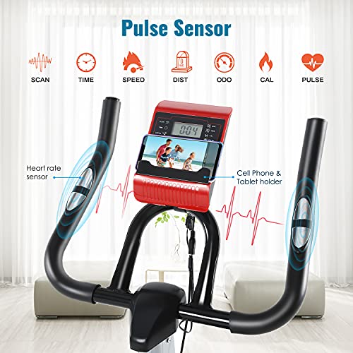 ISE Bicicleta Estática de Interior con Resistencia Ajustable, Peso de Inercia de 8KG con Sensor de Pulso / Pantalla LCD / Soporte, Sillín Ajustable, Silenciosa, SY-7020