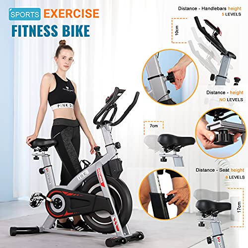 ISE Bicicleta Estática de Interior con Resistencia Ajustable, Peso de Inercia de 8KG con Sensor de Pulso / Pantalla LCD / Soporte, Sillín Ajustable, Silenciosa, SY-7020