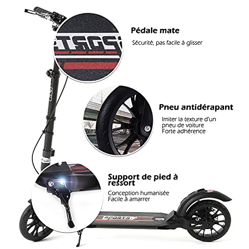 ISE Patinetes Plegable de 2 Grandes Ruedas, Kick Scooter de Manillar Ajustable 93-107cm con 200mm Ruedas y Freno de Guardabarros Trasero&Mano, para Adultos y Niños, Máx 100kg, Negro&Rojo, SY-SC002