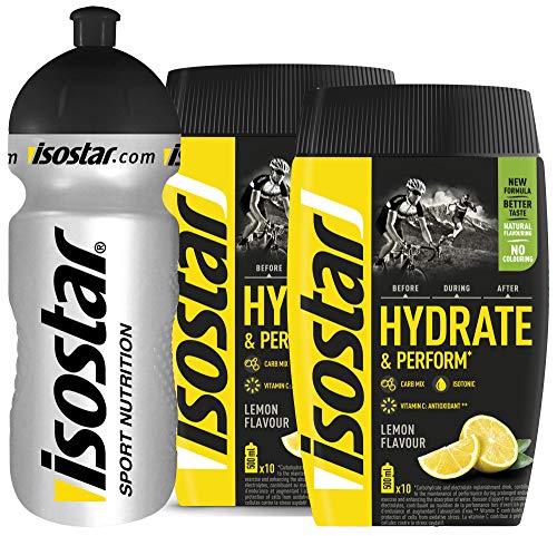 Isostar Hydrate & Perform Iso Drink - 400 g de bebida isotónica en polvo - polvo de electrolitos para apoyar el rendimiento deportivo - 2 x limón + botella de 0.5 litros