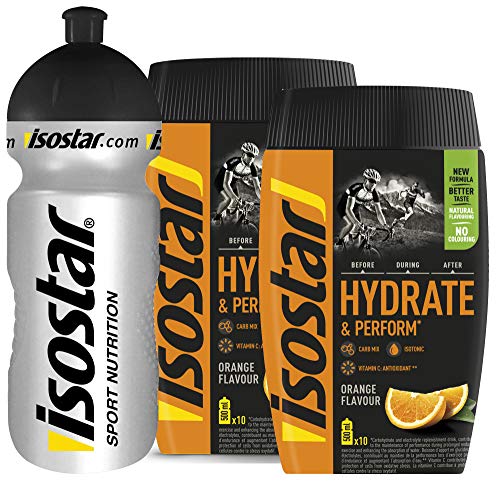 Isostar Hydrate & Perform Iso Drink - 400 g de bebida isotónica en polvo - polvo de electrolitos para apoyar el rendimiento deportivo - 2 x naranja + botella de 0.5 litros