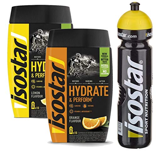 Isostar Hydrate & Perform Iso Drink - Bebida isotónica en polvo de electrolito para ayudar a la potencia deportiva - Naranja + limón + botella de 1 litro, 2 x 400 g, 1 x 1000 ml