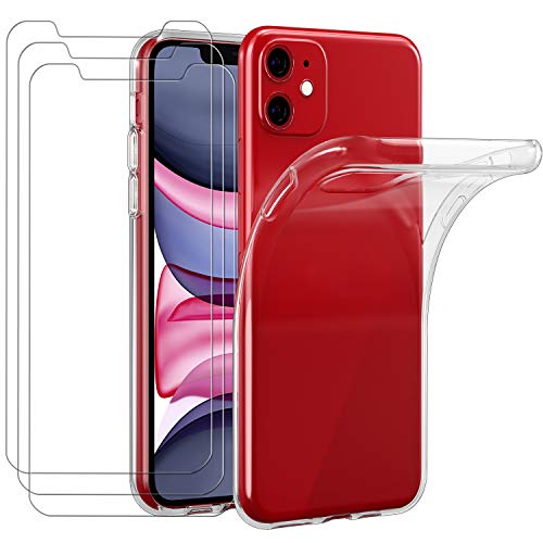 ivoler Funda para iPhone 11 6.1 Pulgadas, con 3 Piezas Cristal Templado, Transparente Suave TPU Silicona Carcasa Protectora Anti-Choque Caso Delgada Anti-arañazos Case